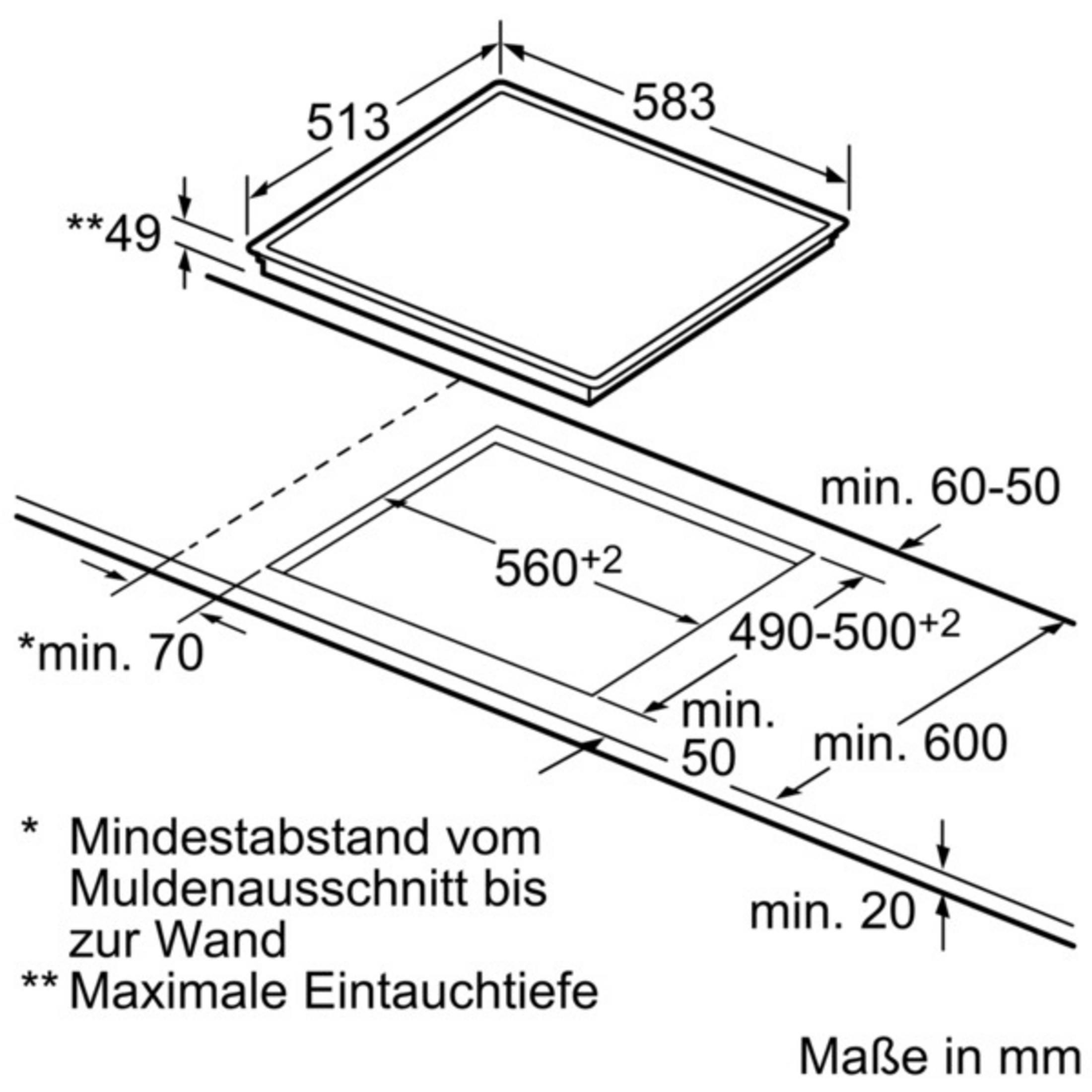 Technische Zeichnung eines Kochfeldes mit Einbaumaßen in Millimetern.