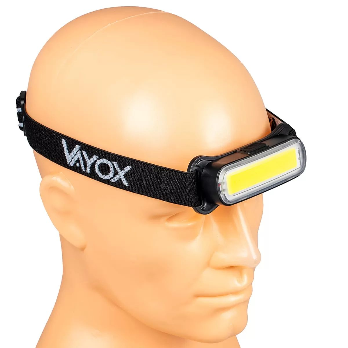 Manöfej fekete Vayox fejlámpával, fényes LED sávval egy fekete pánton.