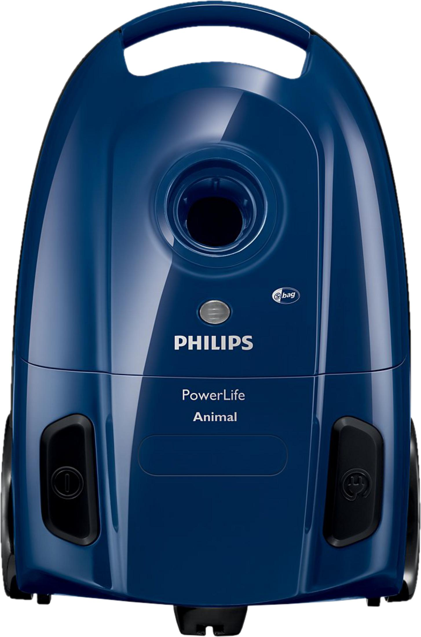 Aspiradora Philips PowerLife Animal azul brillante con asa y botones frontales sobre fondo blanco.