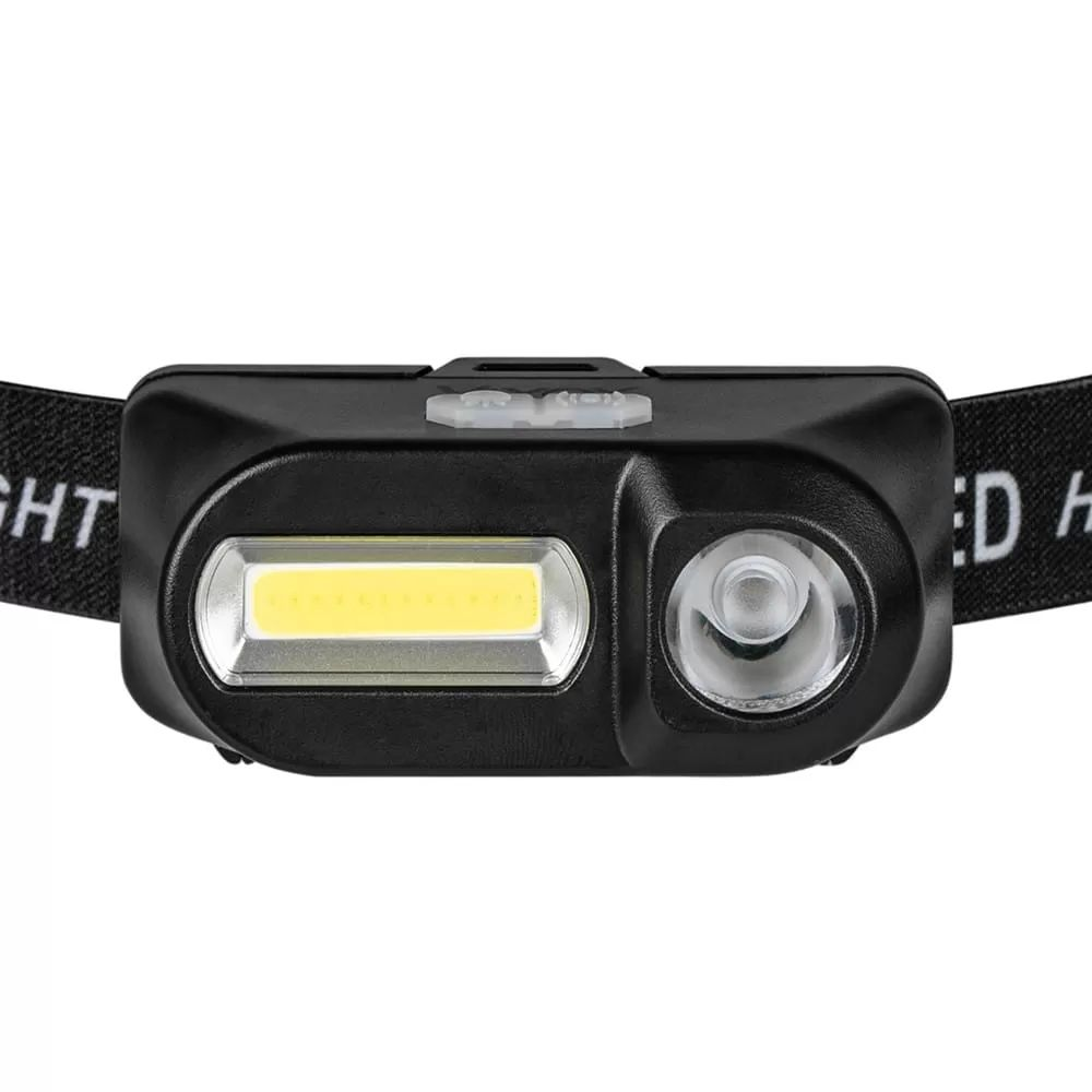 Fekete LED-es fejlámpa széles COB fénycsíkkal és kerek LED-es spotlámpával egy rugalmas pánton.