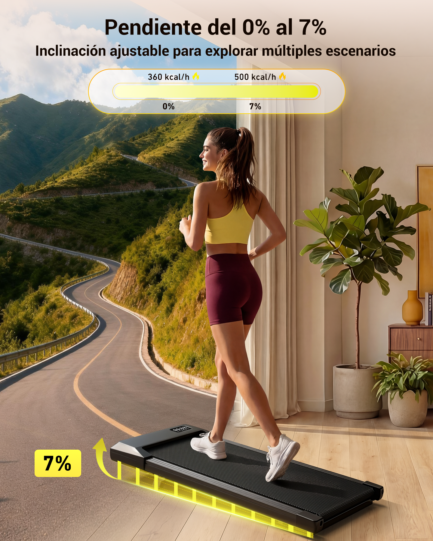 Una mujer corre en una caminadora frente a un paisaje de montaña, con texto de inclinación y calorías.