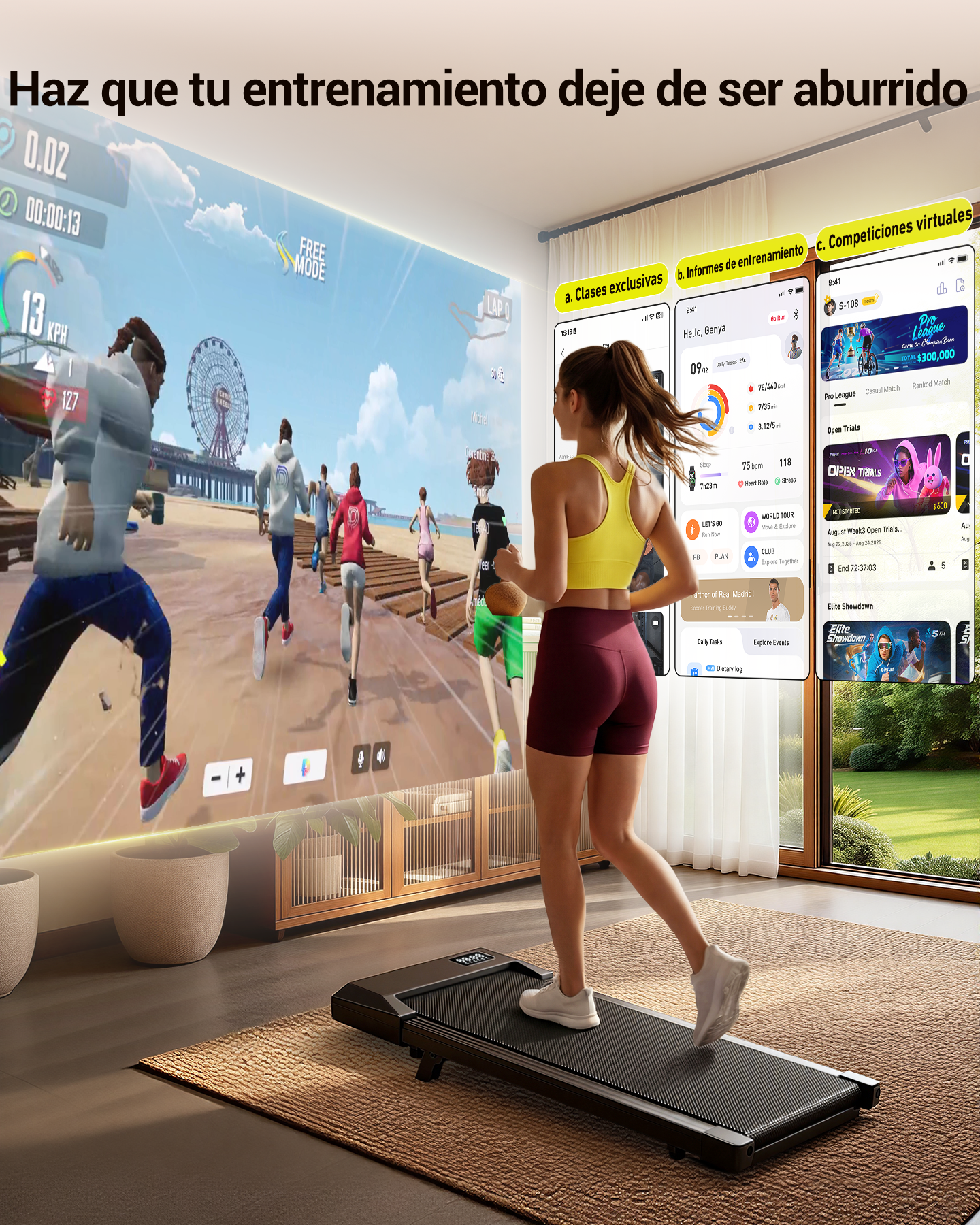 Una mujer corre en una caminadora frente a una gran pantalla virtual con interfaces de aplicaciones móviles.