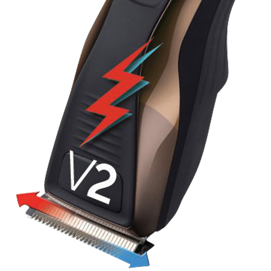 Una cortadora de cabello negra con texto V2, un rayo rojo y flechas rojas y azules cerca de la cuchilla.