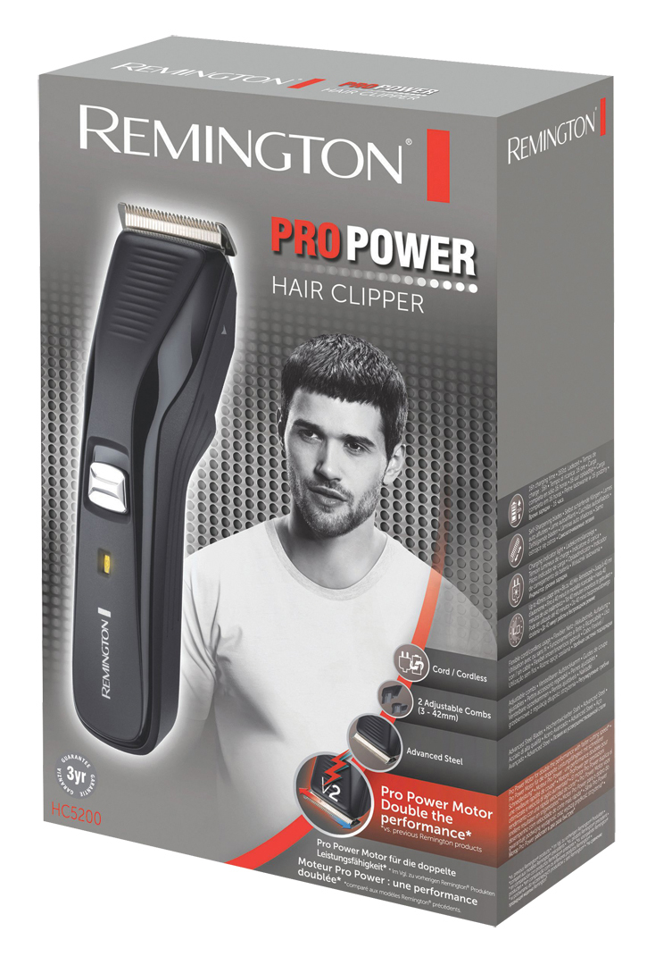 Embalaje de la cortapelos Remington Pro Power con una imagen de la cortapelos y un hombre.