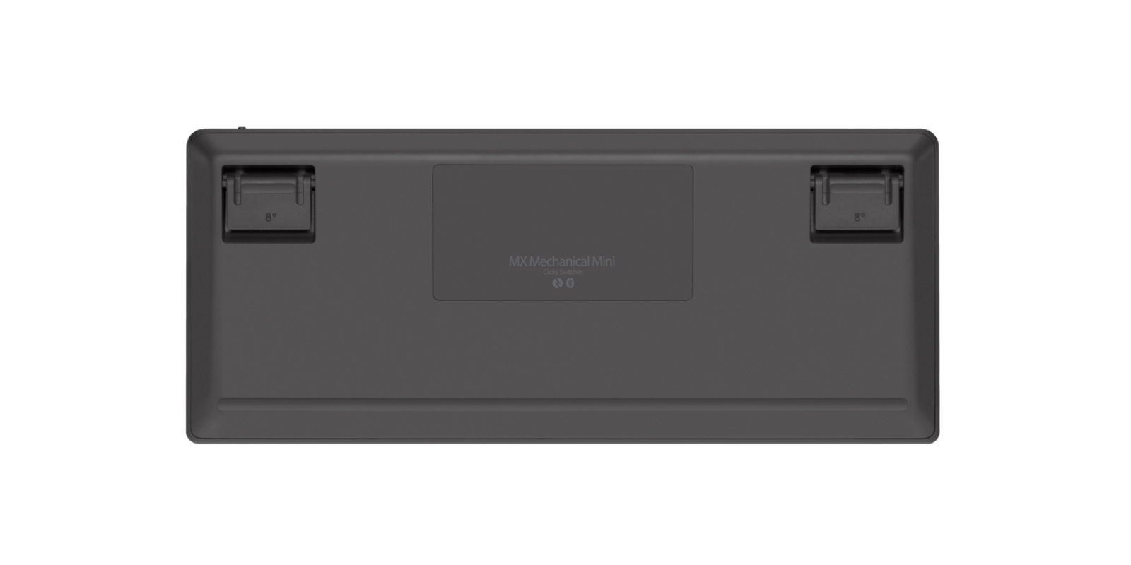 Unterseite einer grauen kabellosen MX Mechanical Mini Tastatur mit ausklappbaren Standfüßen.