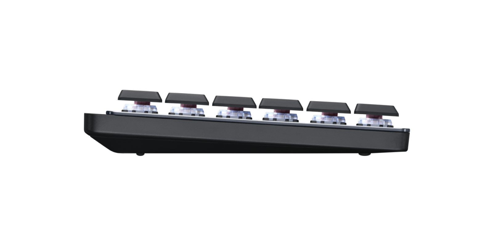 Seitenansicht einer schwarzen Tastatur mit sichtbaren mechanischen Schaltern.
