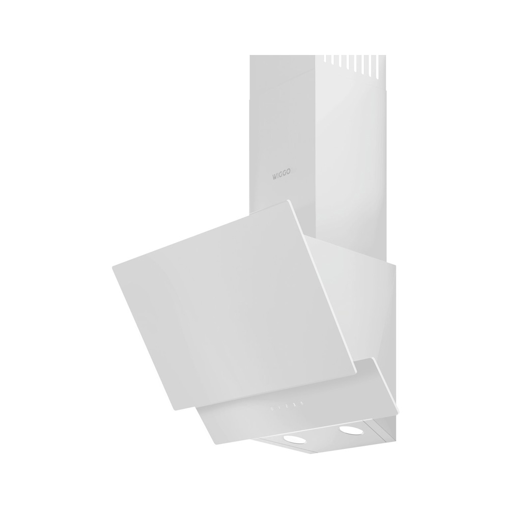 A white angled cooker hood with integrated lights and the WIGGO logo on the chimney, set against a white background.