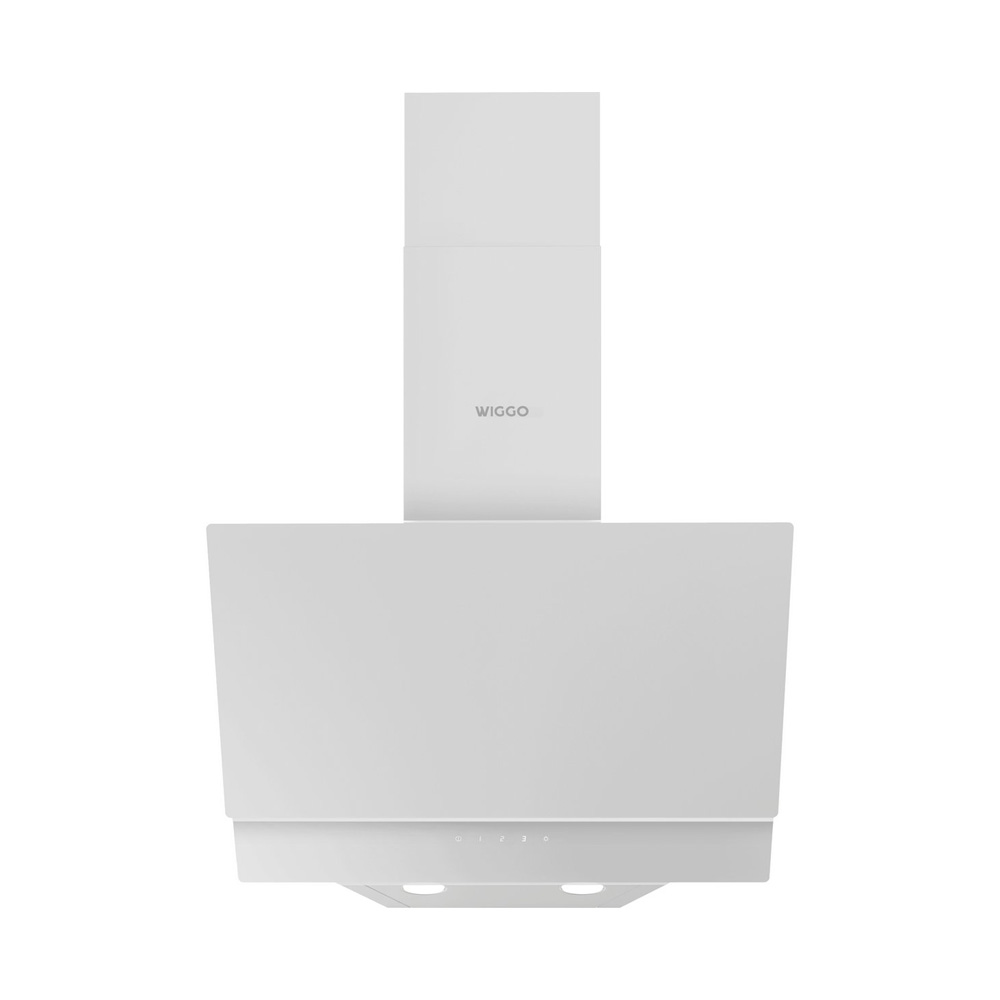 A modern white kitchen extractor hood with a vertical chimney and control buttons on a white background.
