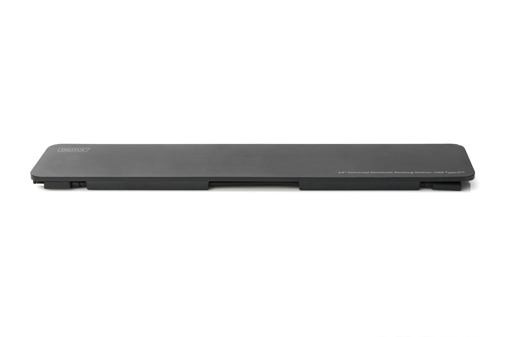 Eine lange, flache, schwarze Digitus 14" Universal Notebook Docking Station USB Type-C auf weißem Hintergrund.
