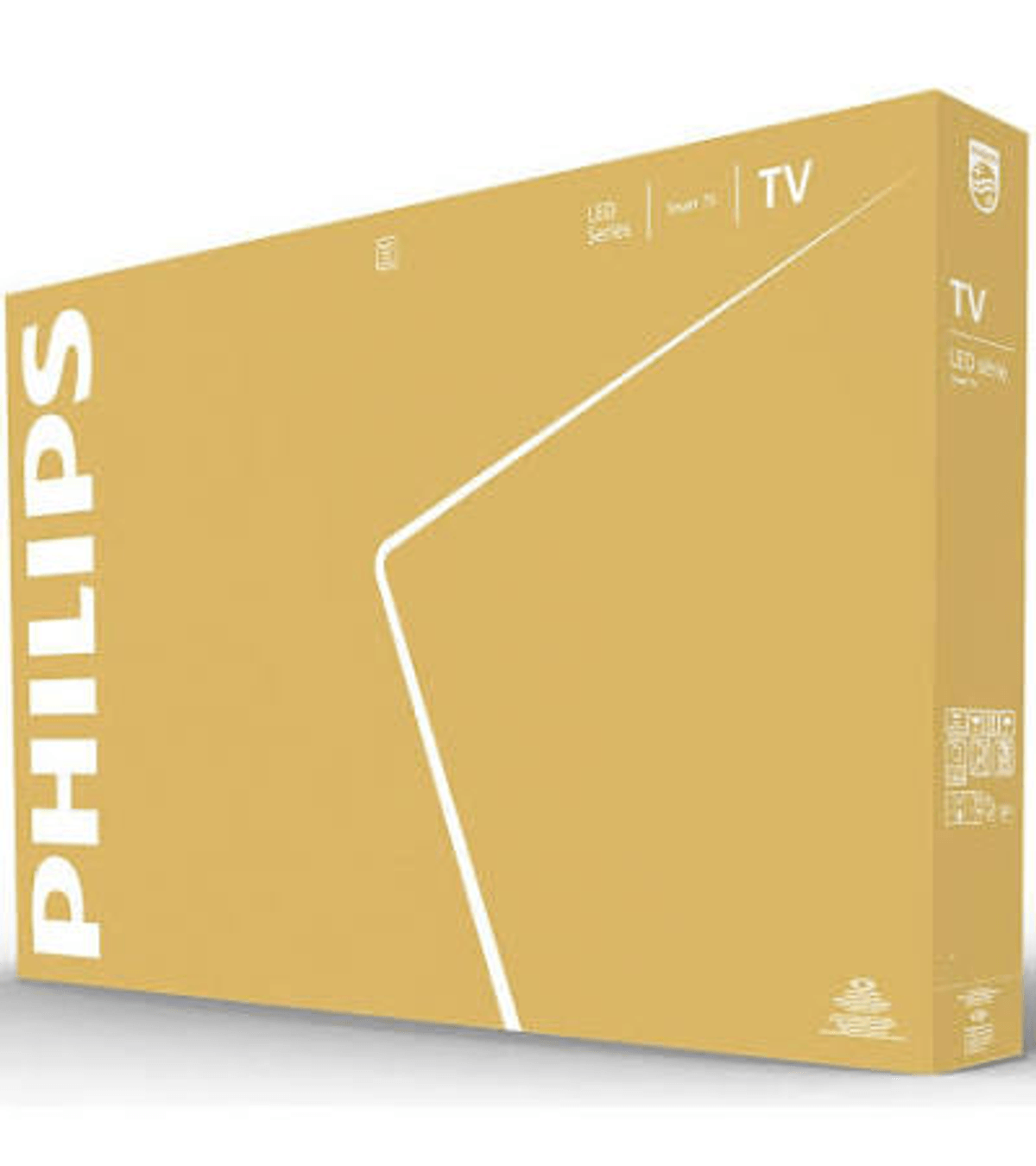 Caja de cartón de TV Philips de color dorado con el logotipo blanco de Philips a la izquierda.