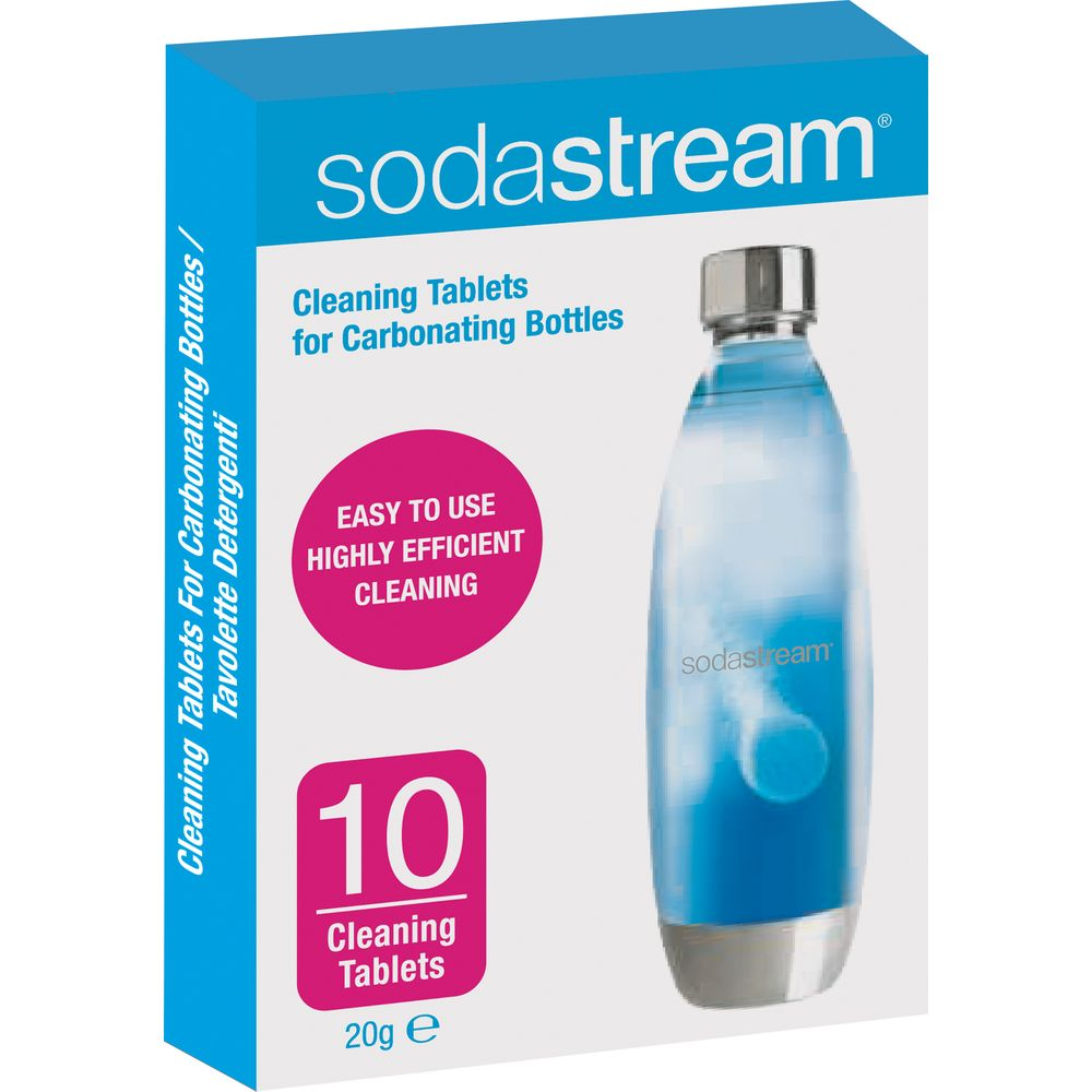 Scatola di pastiglie per la pulizia Sodastream con bottiglia blu e 10 pastiglie.
