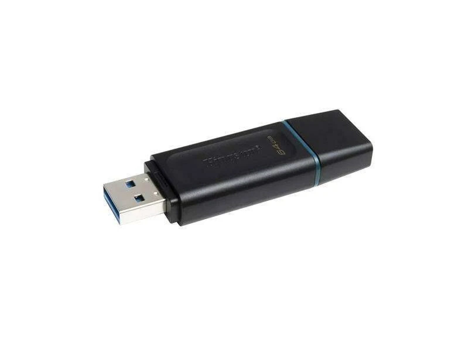 Una memoria USB negra con conector metálico sobre fondo blanco.