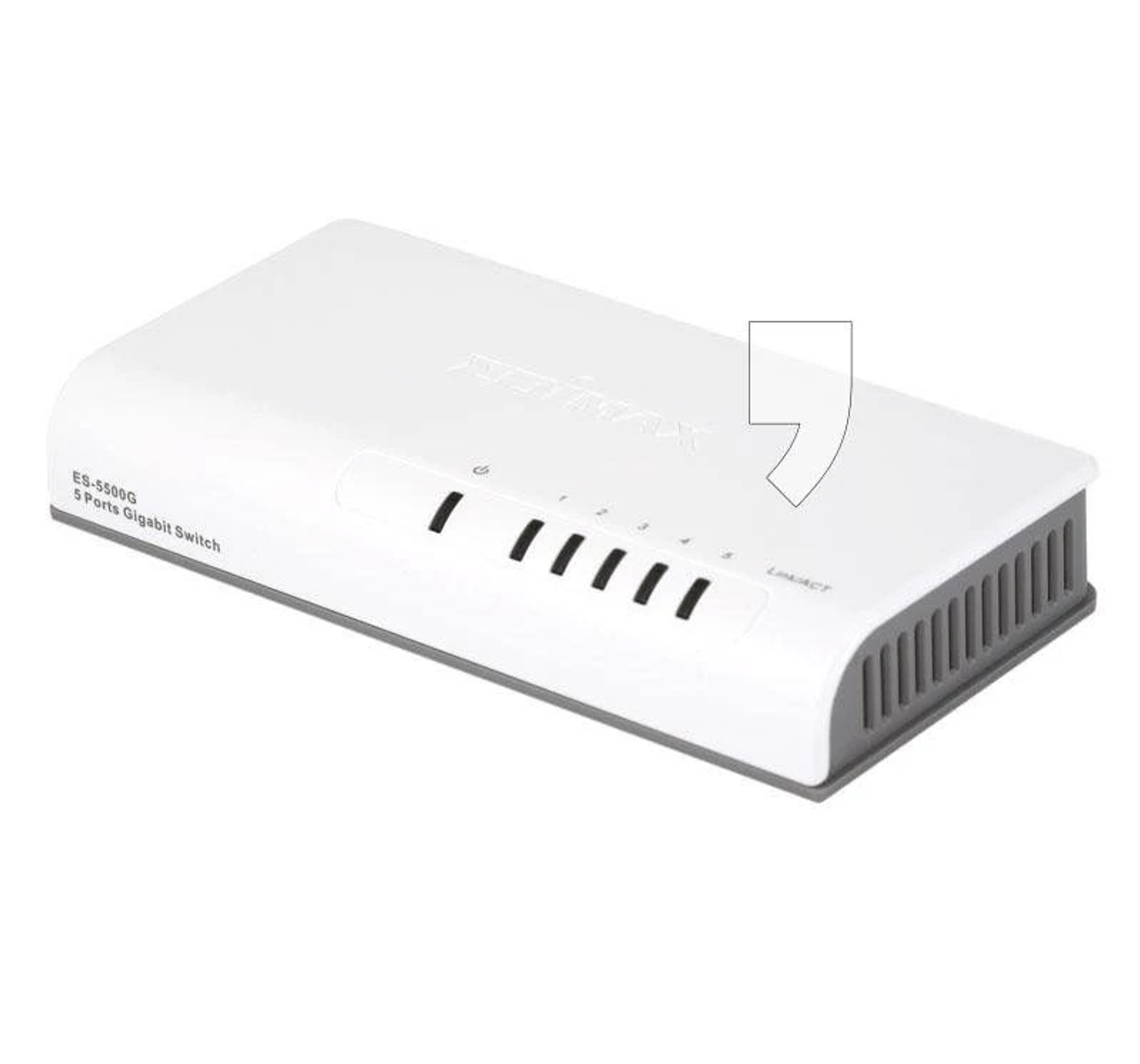 Ein weißer 5-Port-Gigabit-Switch mit Kontrollleuchten auf weißem Hintergrund, mit einem Diagramm.