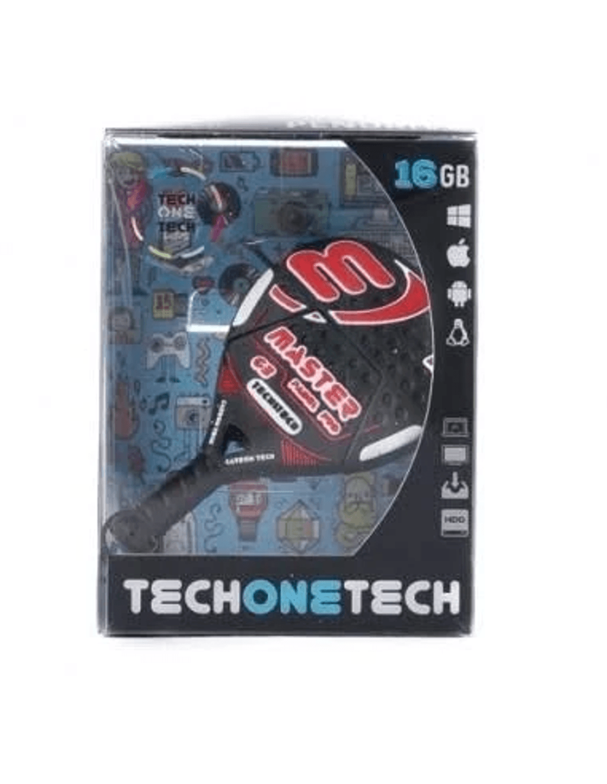 Una caja de pala de pádel Master Pro empaquetada con marca Tech One Tech y fondo técnico.