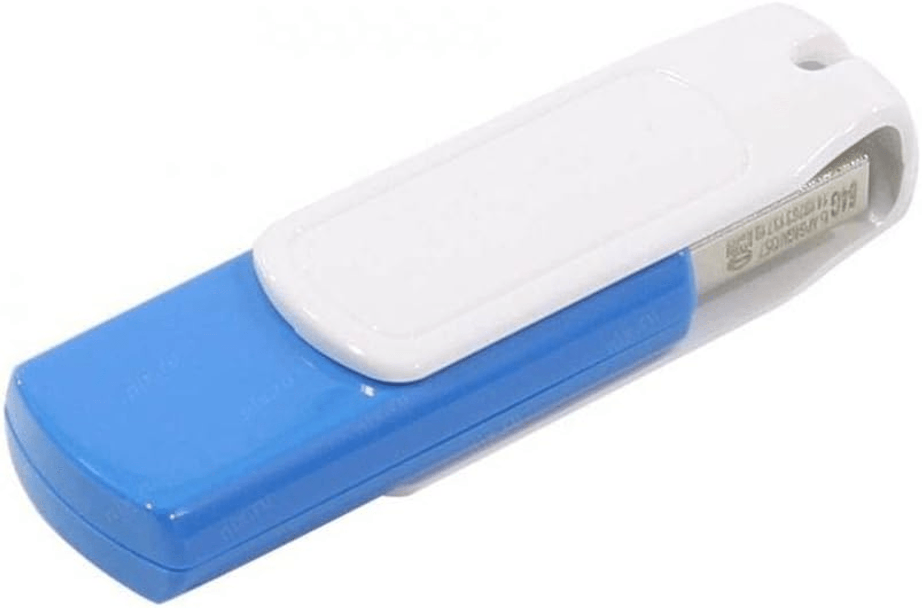 Una memoria USB blanca y azul con diseño retráctil y presilla sobre fondo blanco.