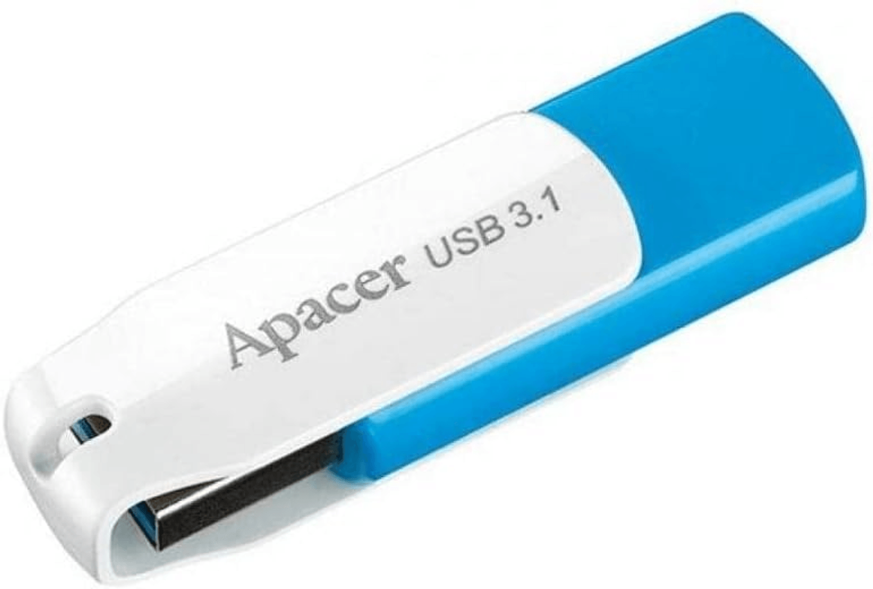 Una memoria USB 3.1 Apacer blanca y azul con el conector expuesto.