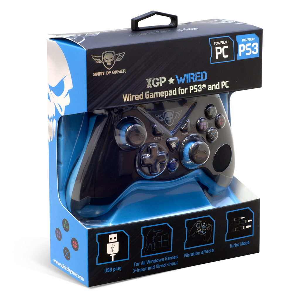 Blau-schwarze Verpackung mit einem kabelgebundenen XGP-Gamepad für PS3 und PC auf weißem Hintergrund.