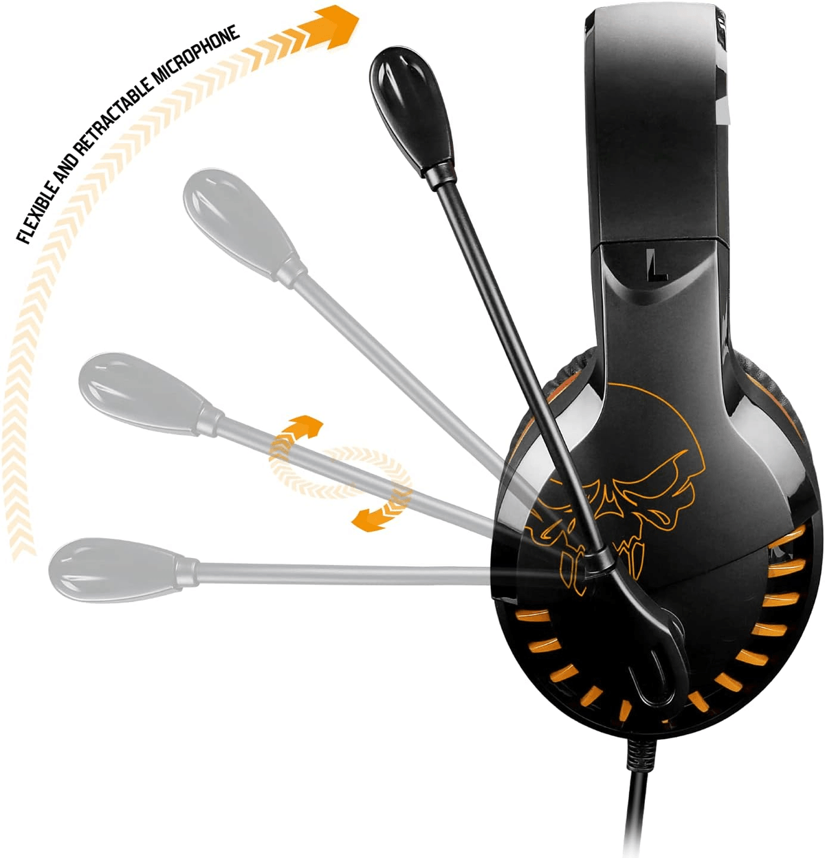 Auriculares de juego negros con un logotipo de calavera naranja y un micrófono flexible y ajustable.
