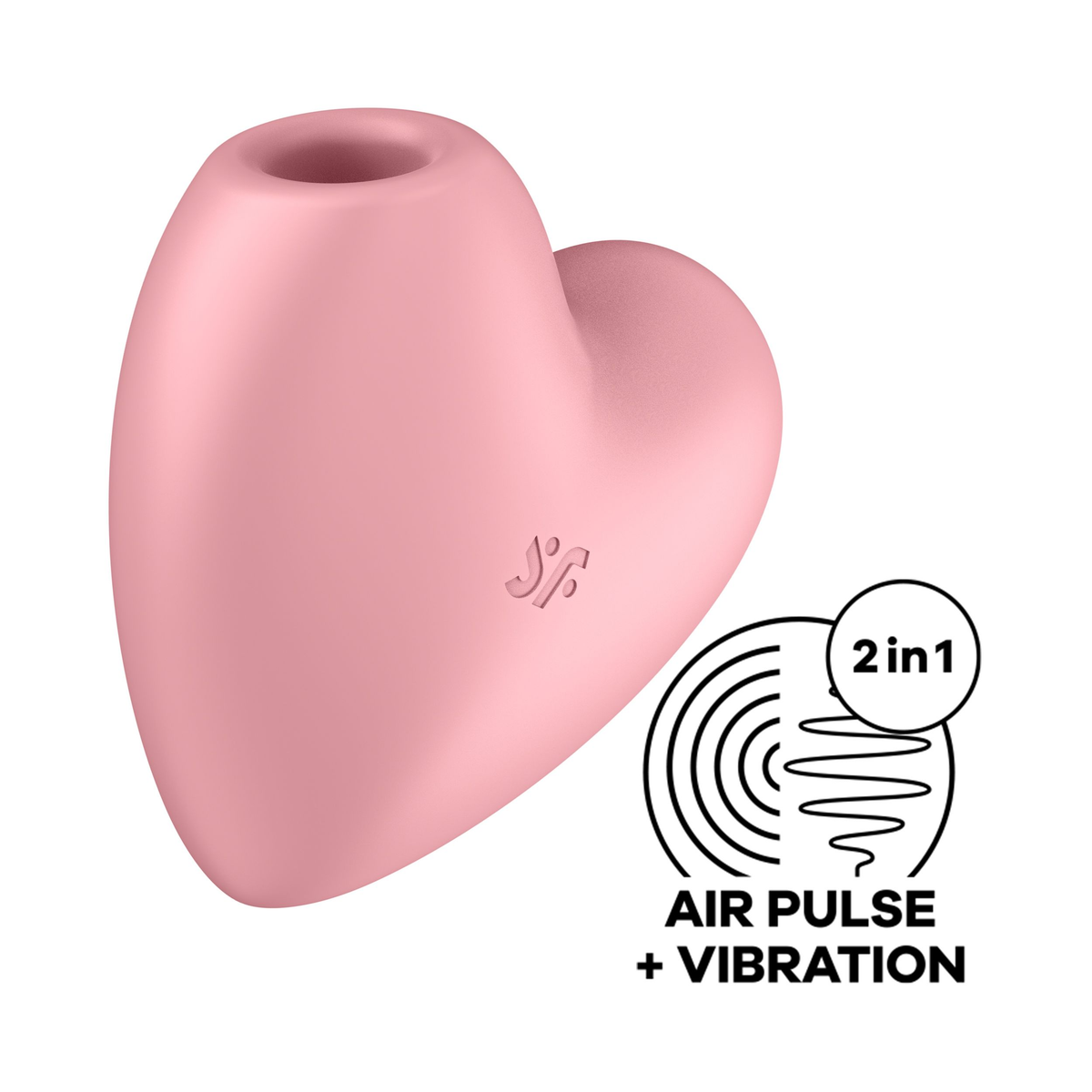 Dispositivo de bienestar rosa en forma de corazón con funciones de pulso de aire y vibración.