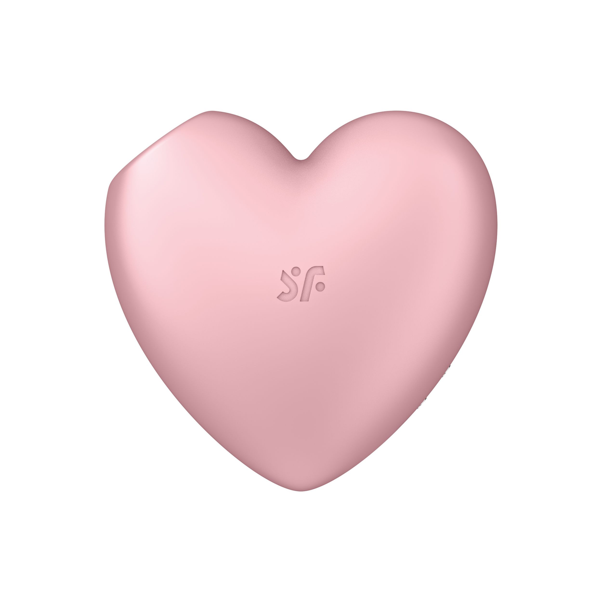 Un objeto suave en forma de corazón rosa con un pequeño logotipo en el centro sobre un fondo blanco.