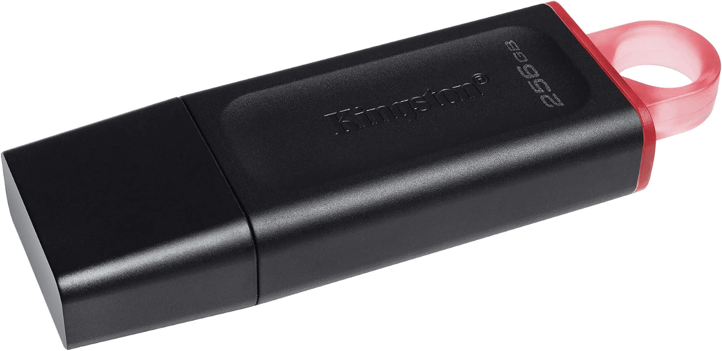 Een zwarte Kingston USB-stick met een rode lus aan de achterkant en een dop.