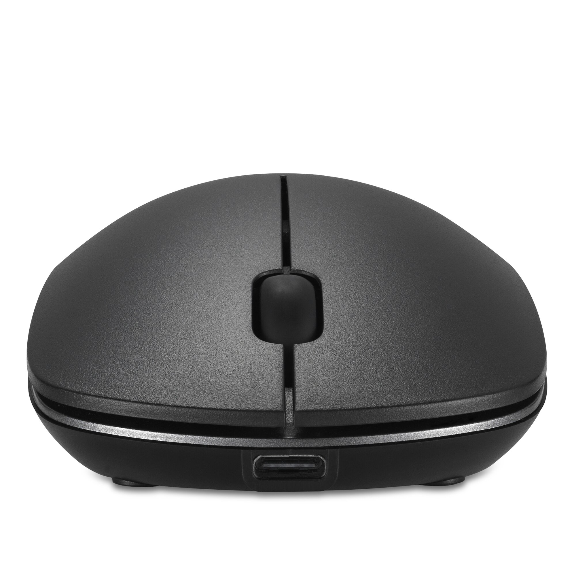 A front view of a black wireless computer mouse with a USB-C port.