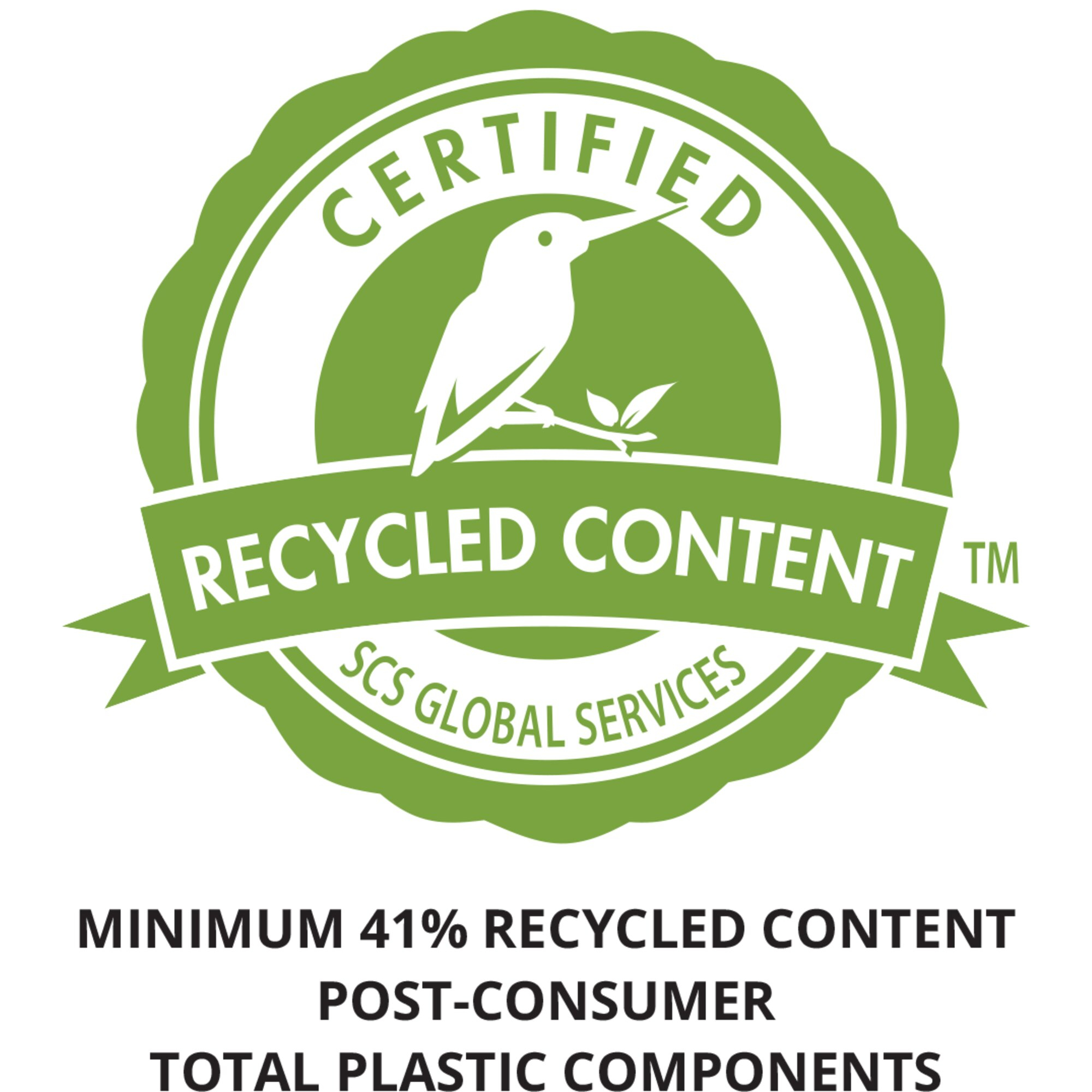Green certification seal for recycled content featuring a bird and text.