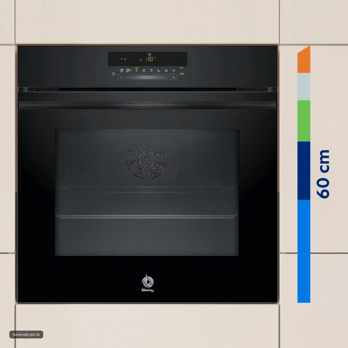 Un horno negro empotrado con pantalla digital en una pared de azulejos y una escala de 60 cm al lado.