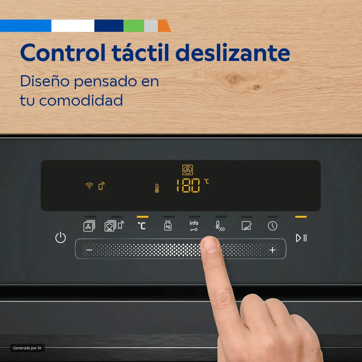 Mano tocando el panel de control táctil de un horno con pantalla digital y texto en español.