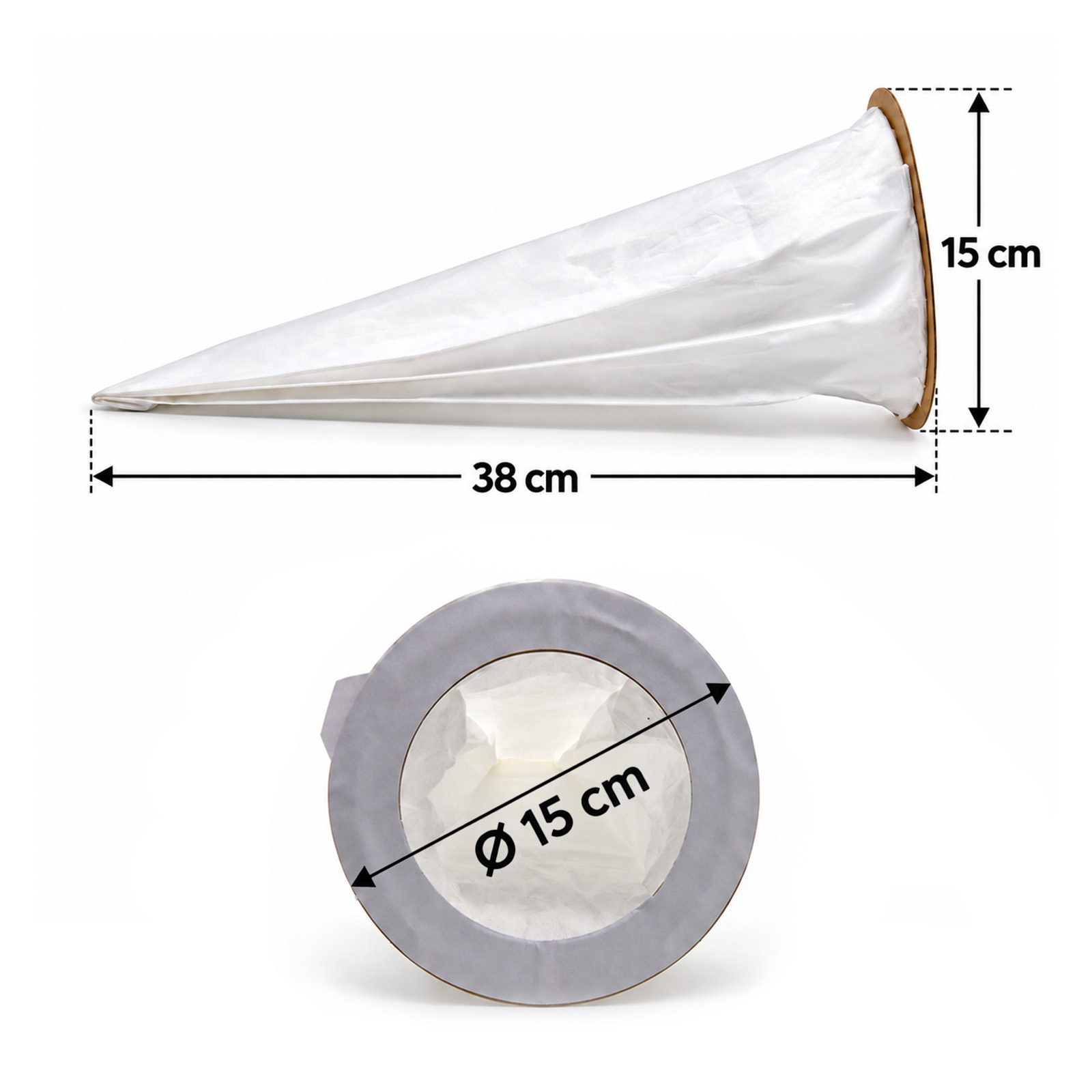 Weißer Filterbeutel mit Maßen: 38 cm Länge und 15 cm Durchmesser.