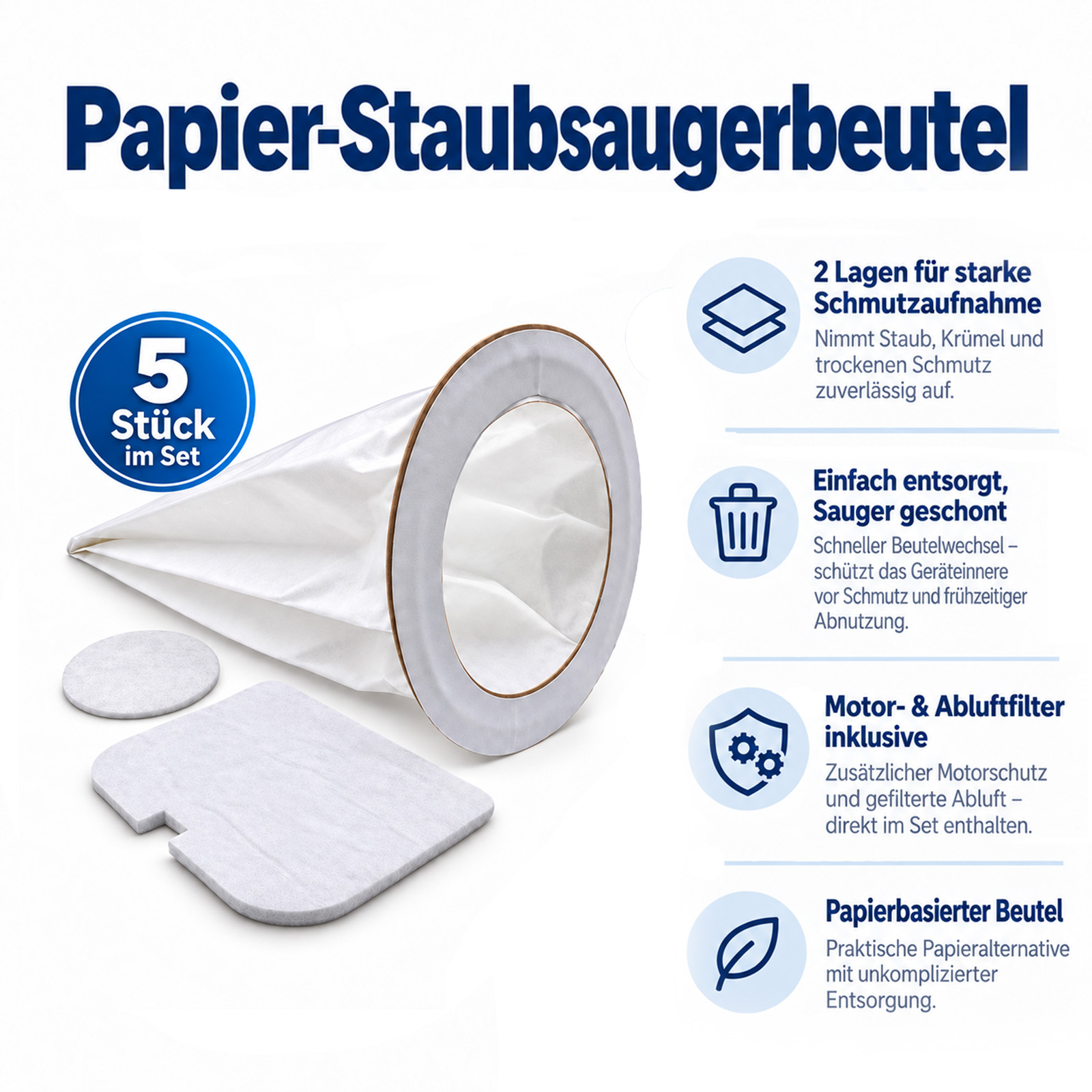 Papier-Staubsaugerbeutel-Set mit Filtern und Produktinformationen auf weißem Hintergrund.