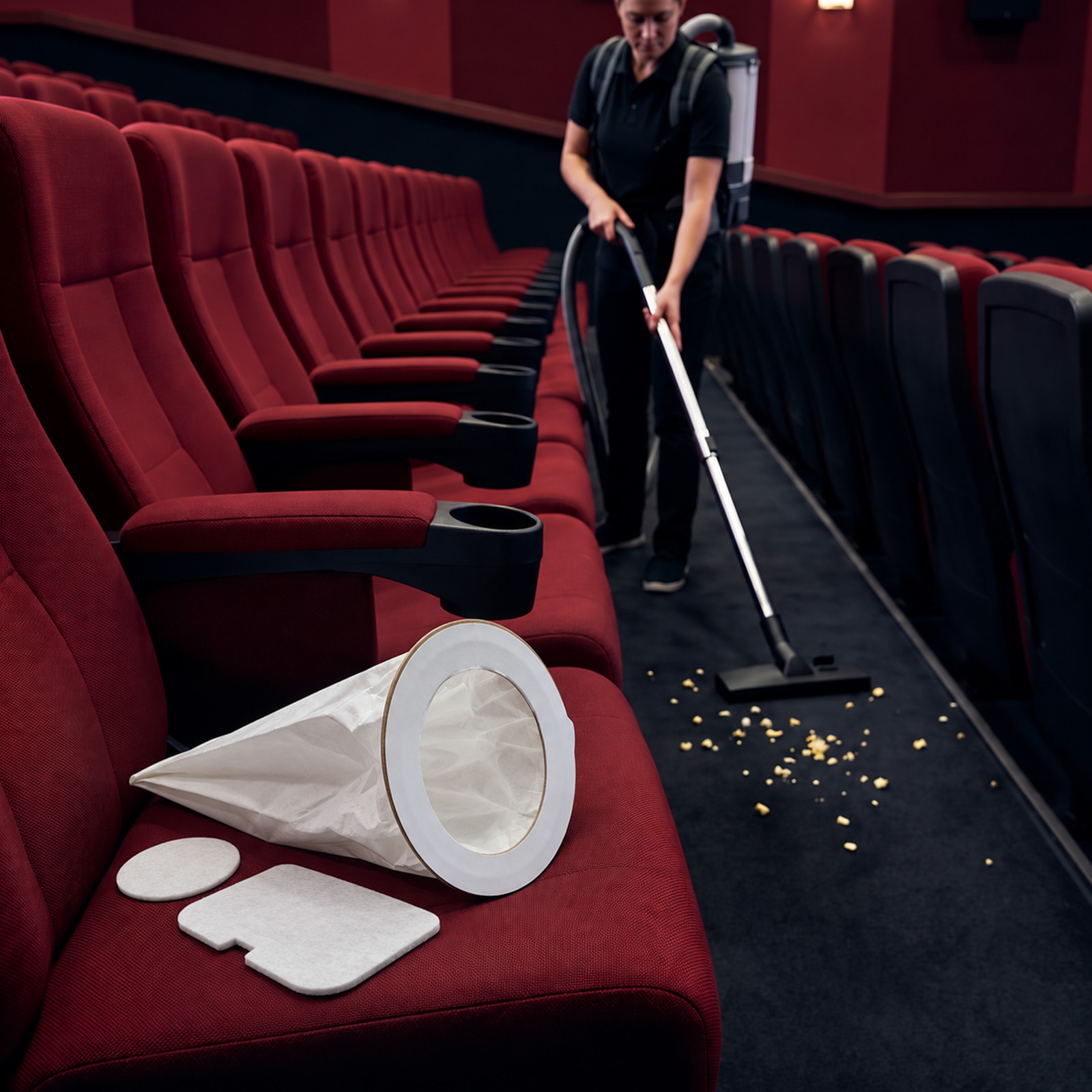 Eine Person saugt Popcorn von einem dunklen Teppich in einem Kino mit roten Sitzen ab.