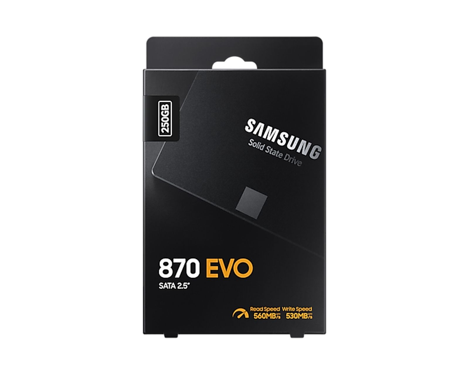 Scatola prodotto SSD Samsung 870 EVO nera, 250GB, SATA 2.5 pollici, con velocità di lettura e scrittura.