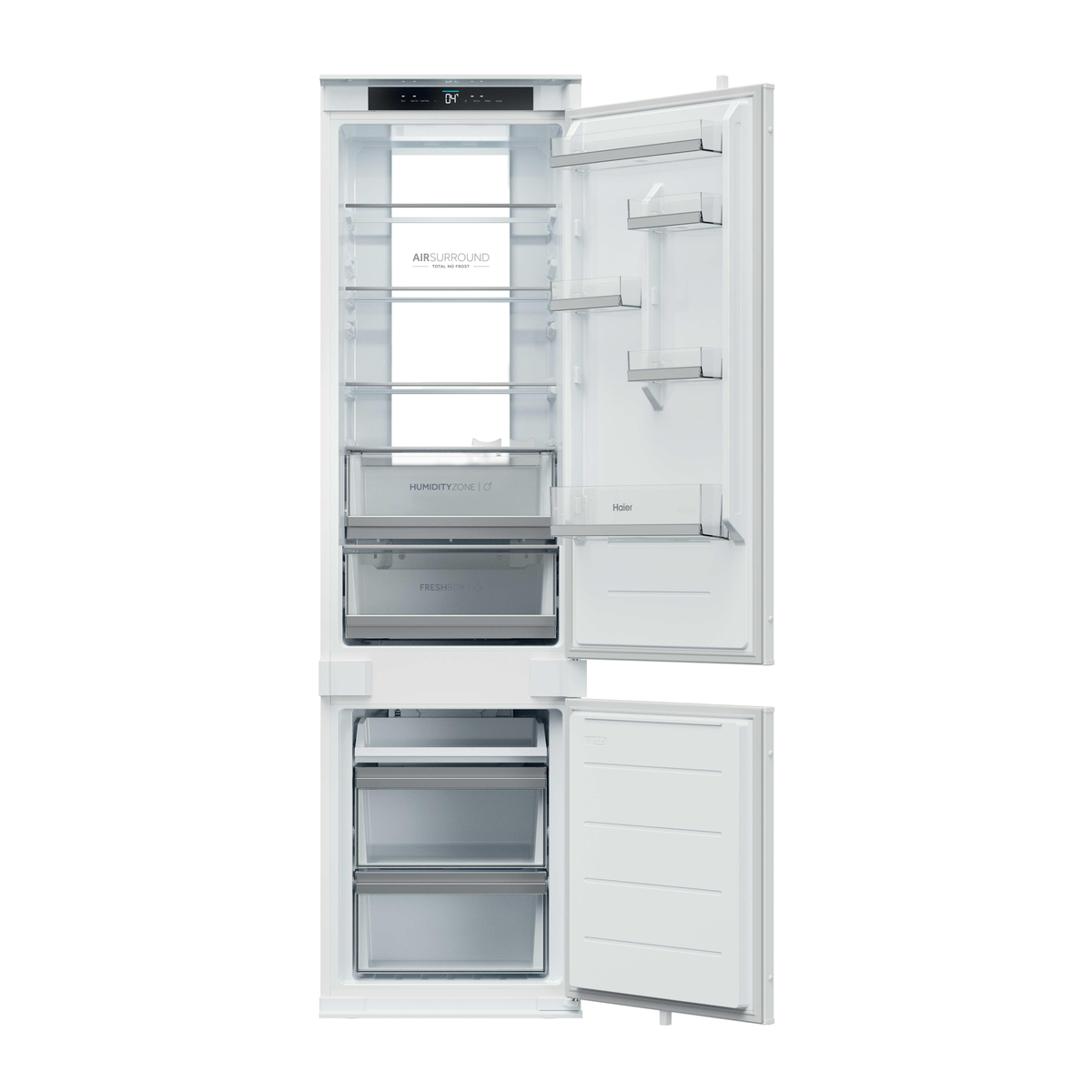 Refrigerador blanco con puertas abiertas, estantes de vidrio y cajones transparentes.