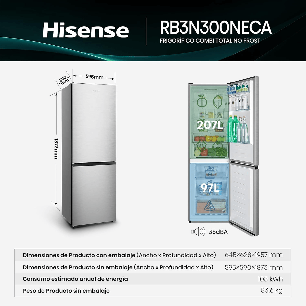 Frigorífico combi Hisense con dimensiones, capacidad y especificaciones.
