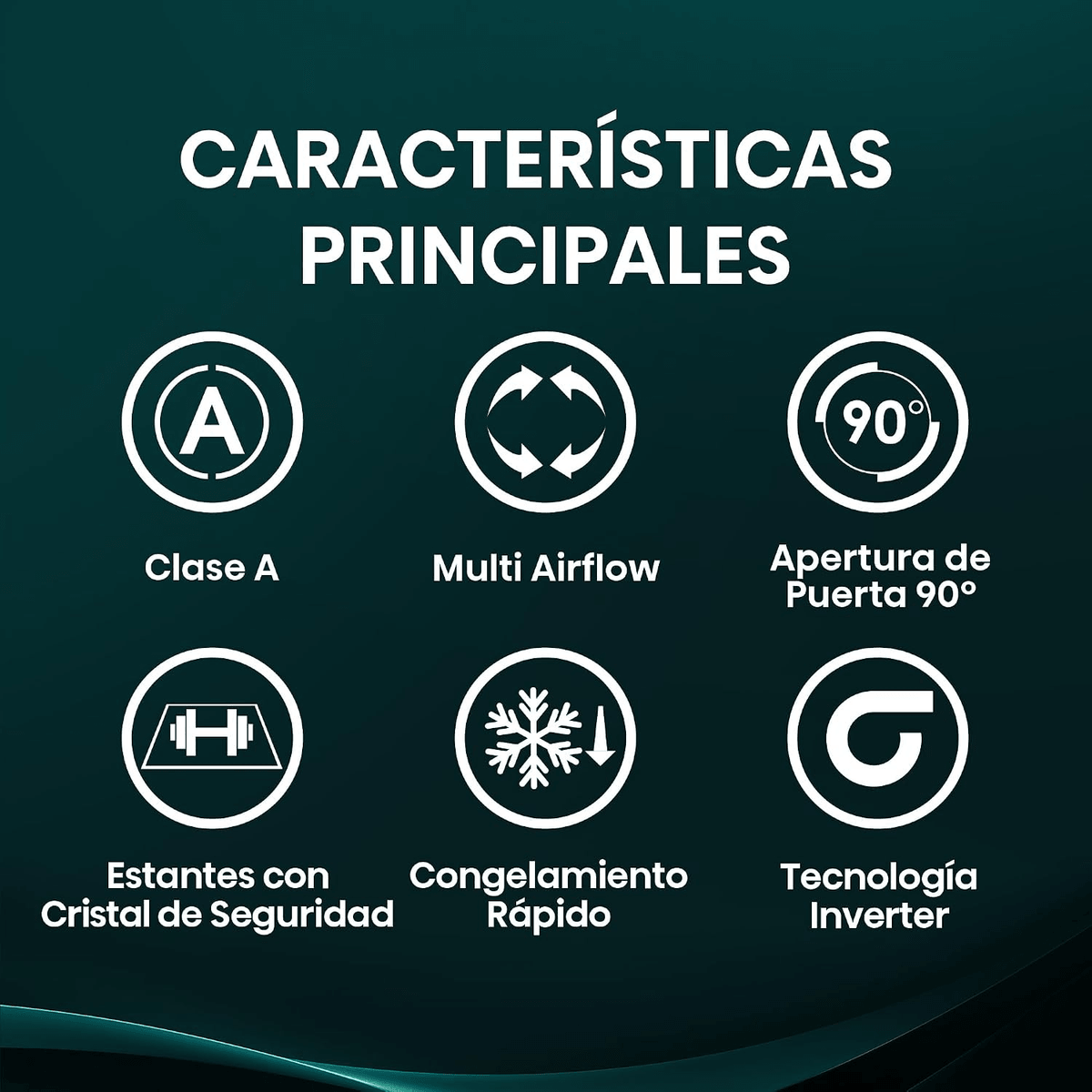 Gráfico con seis iconos redondos y texto que detalla las características del producto en blanco sobre fondo oscuro.