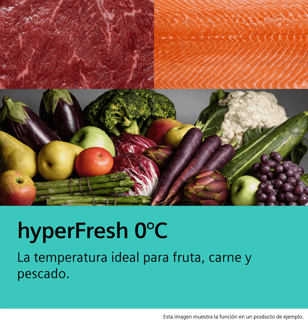 Varias frutas, verduras, carne y pescado frescos sobre el texto hyperFresh 0°C.