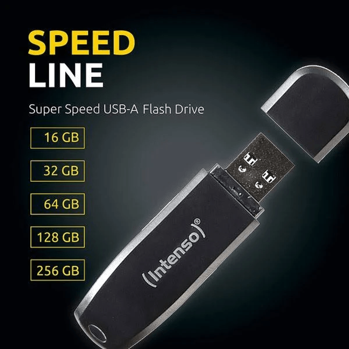 Schwarzer Intenso USB-Stick mit abgenommener Kappe auf dunklem Hintergrund und Speicherkapazitäten von 16GB bis 256GB.