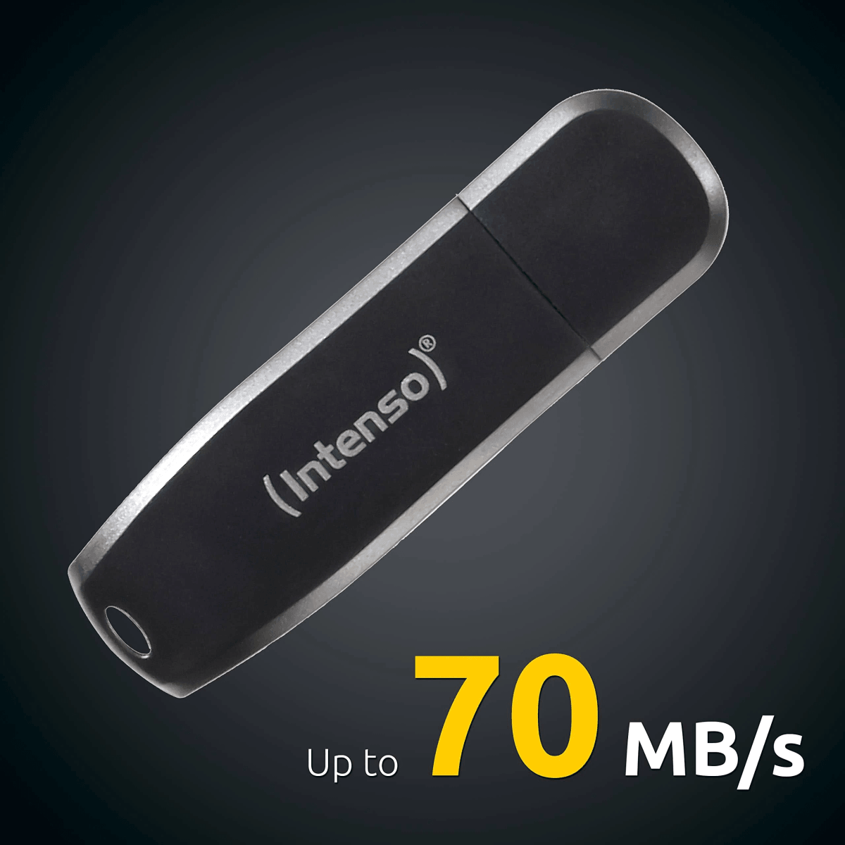 Schwarzer Intenso USB-Stick mit Silberkanten und dem Text "Up to 70 MB/s" in Gelb und Weiß.