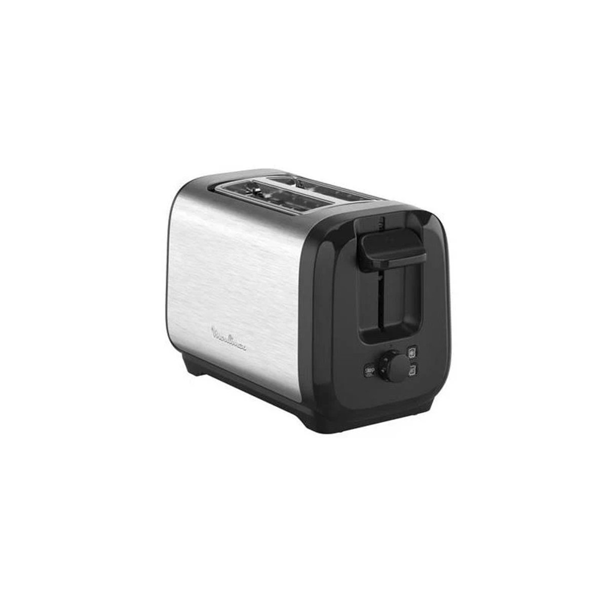 Ein silberner und schwarzer Toaster mit zwei Schlitzen und Bedienelementen an der Seite auf weißem Hintergrund.