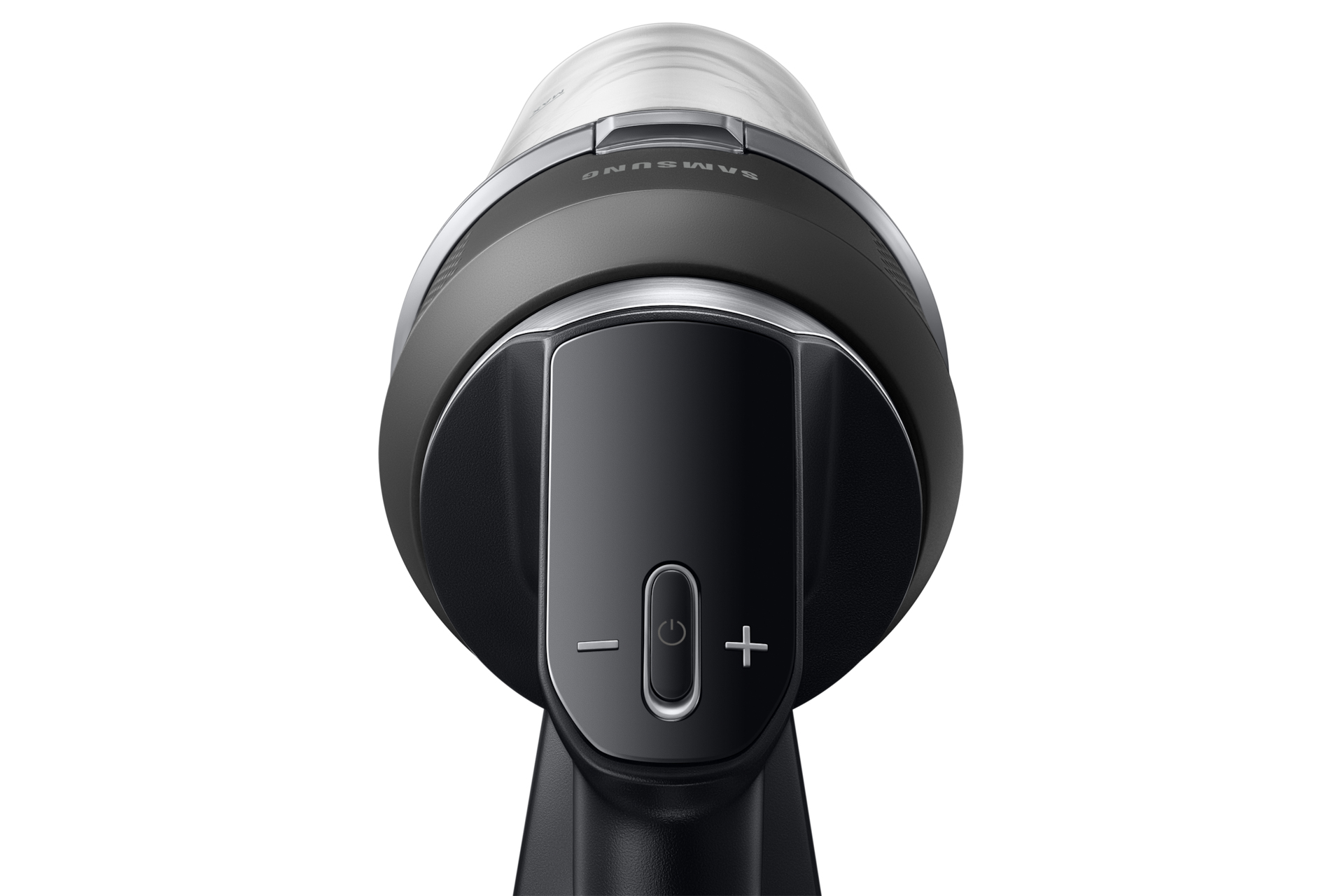 Nahaufnahme der schwarzen Samsung Staubsauger-Bedienelemente mit Plus-, Minus- und Ein/Aus-Tasten vor weißem Hintergrund.