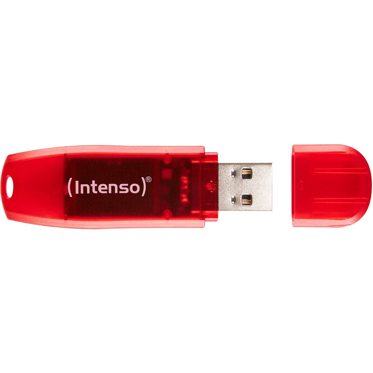Roter, transparenter Intenso USB-Stick mit abgenommener Kappe auf weißem Hintergrund.