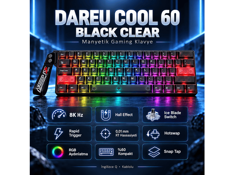 DAREU Cool 60 Black-clear %60 ICE Blade Manyetik Switch 8K Hz Hall Effect Hotswap RGB İngilizce Kablolu Oyuncu Klavyesi Siyah