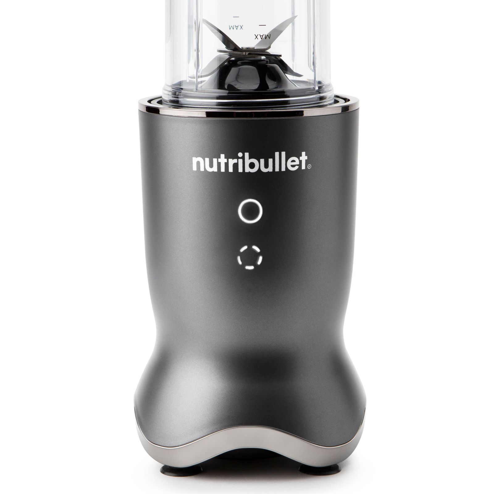 Frullatore Nutribullet grigio con bicchiere trasparente e lame su sfondo bianco.