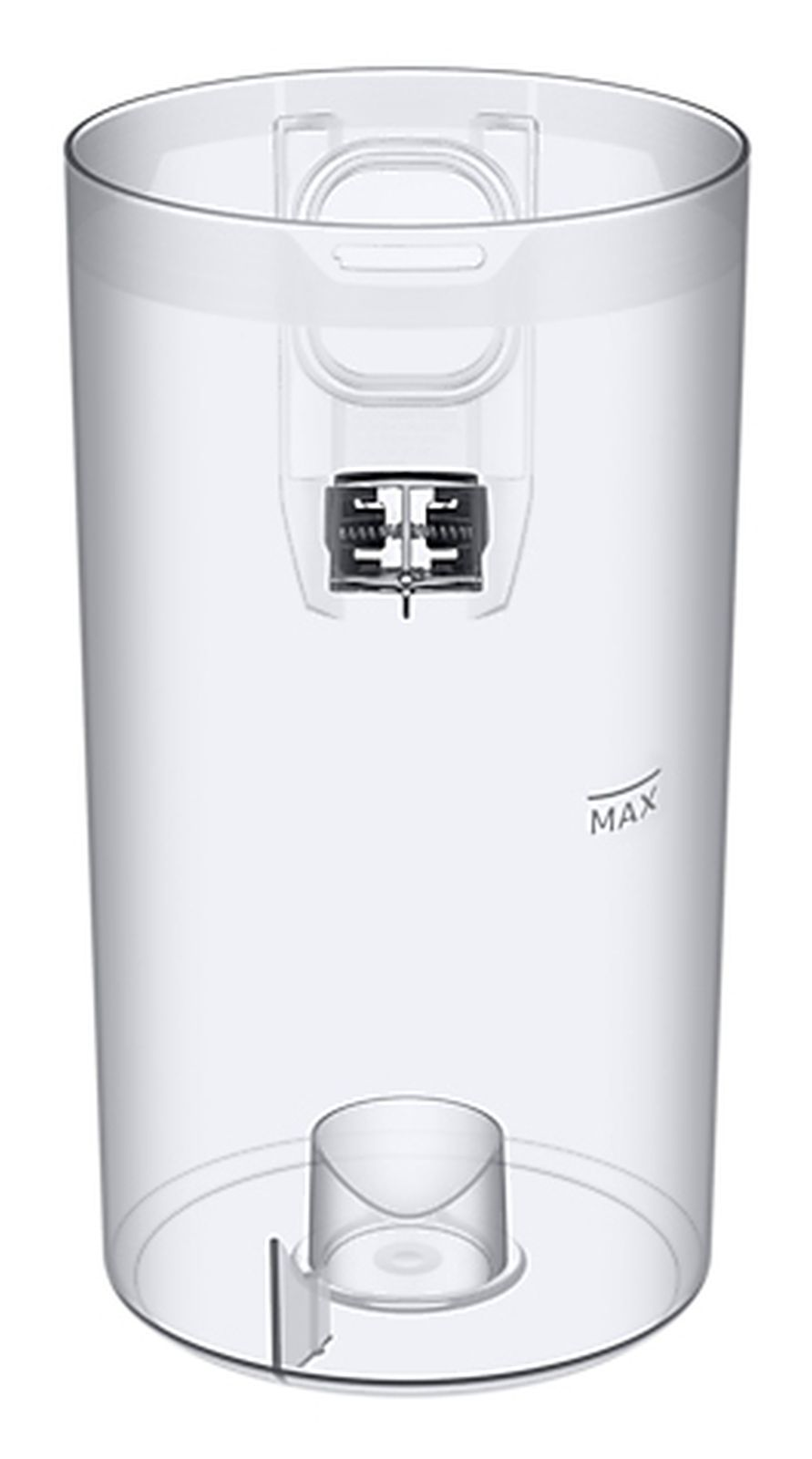 Ein zylindrischer, transparenter Wassertank mit max Füllstandsanzeige und integriertem Griff.