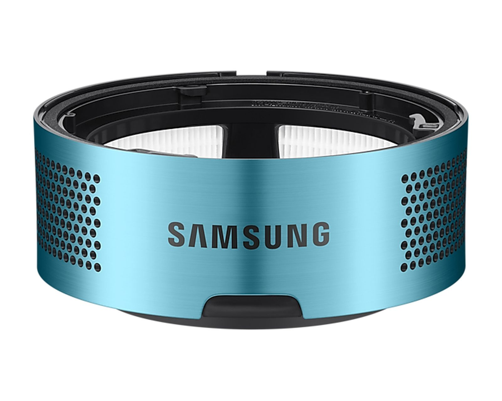 Ein runder, türkisfarbener Samsung-Luftreinigerfilter mit schwarzem Rand und seitlichen Belüftungslöchern.