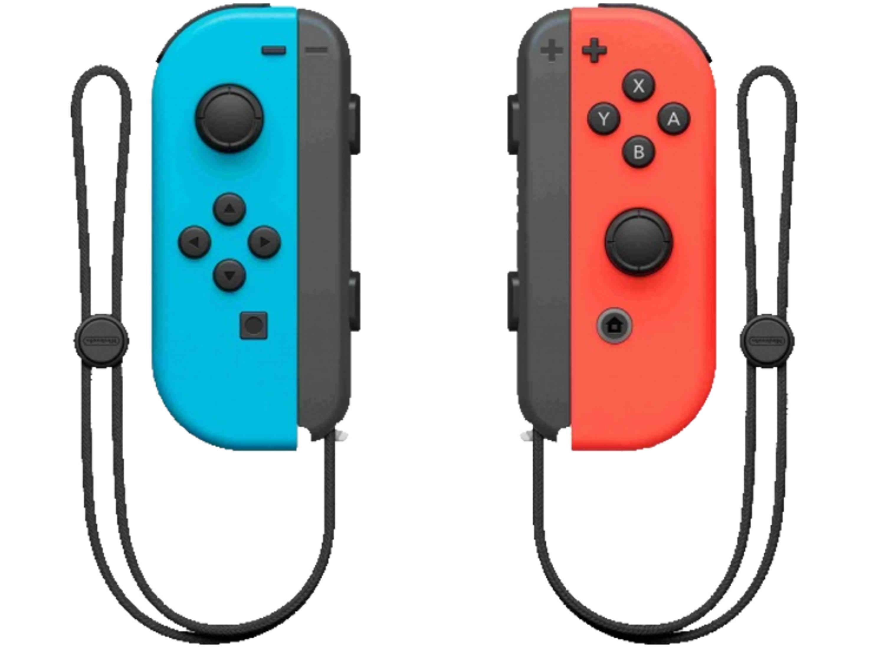Controller Joy-Con per Nintendo Switch blu e rosso con cinturini da polso su sfondo bianco.