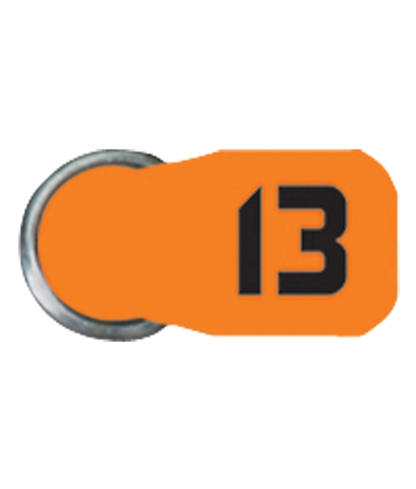 Ein orangefarbenes Etikett mit schwarzer Nummer 13 und einem Metallring.