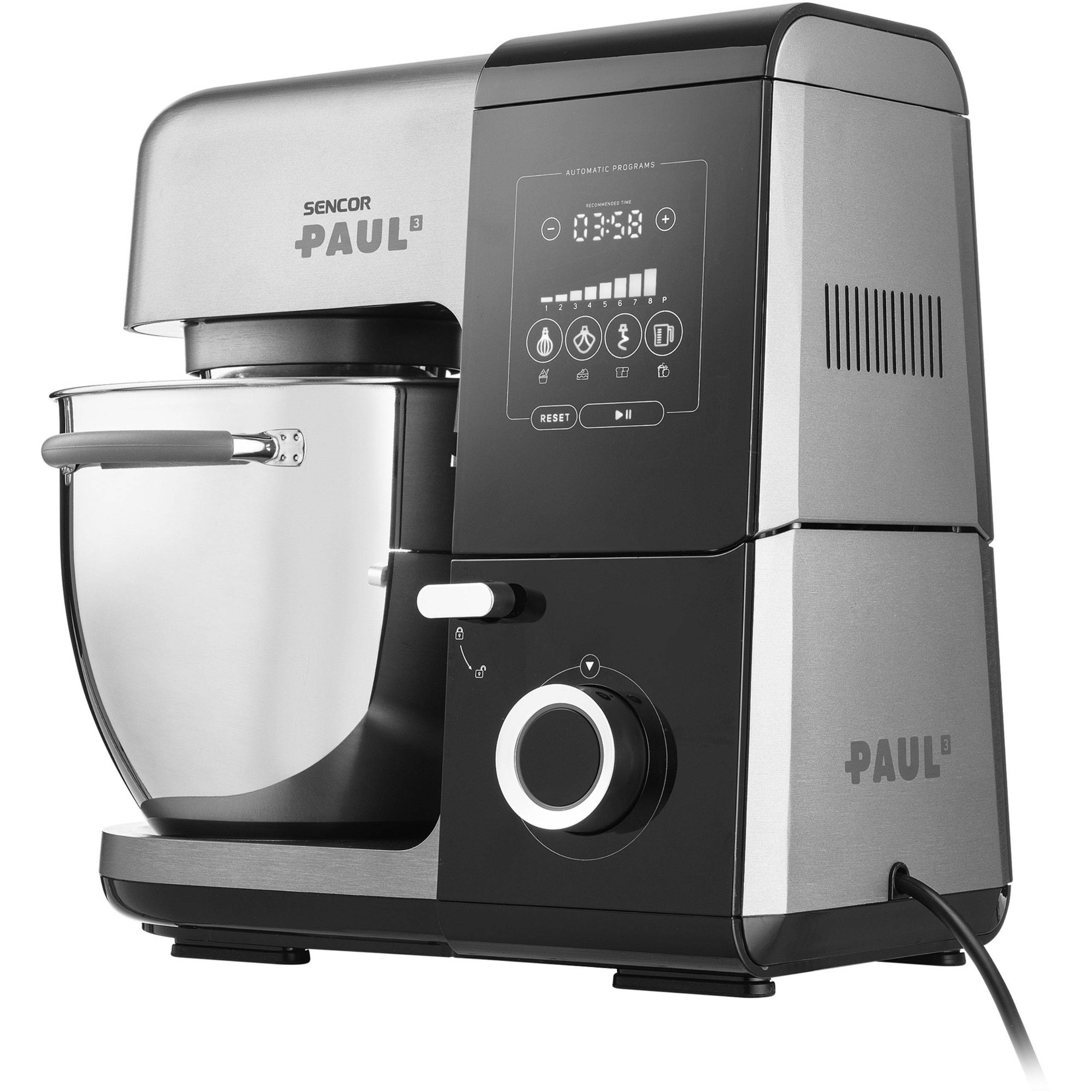 Czarno-srebrny robot kuchenny Sencor Paul 3 z cyfrowym wyświetlaczem, pokrętłem i miską ze stali nierdzewnej.