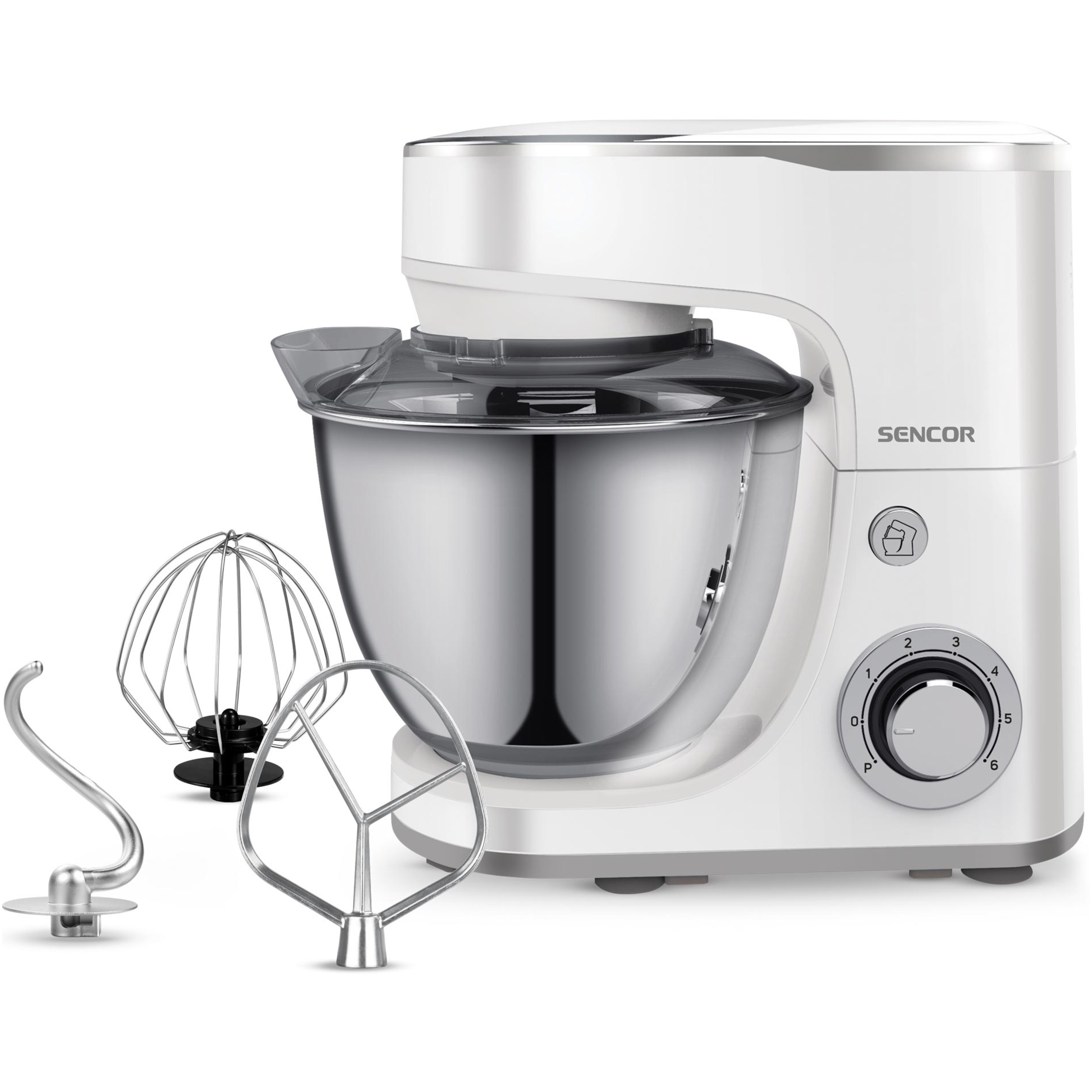 Una impastatrice planetaria bianca con ciotola in acciaio inox e tre accessori su sfondo bianco.